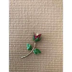 Vintage Rose Brooch Pin Goldtone & Painted Enamel Red Green Leaves Christmas